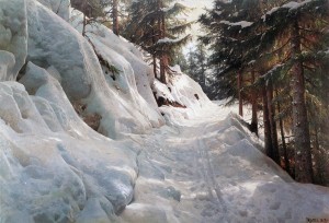 Winter landscape with a path between several trees